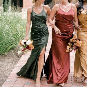 Revelry Rory Satin Dress in Deep Olive